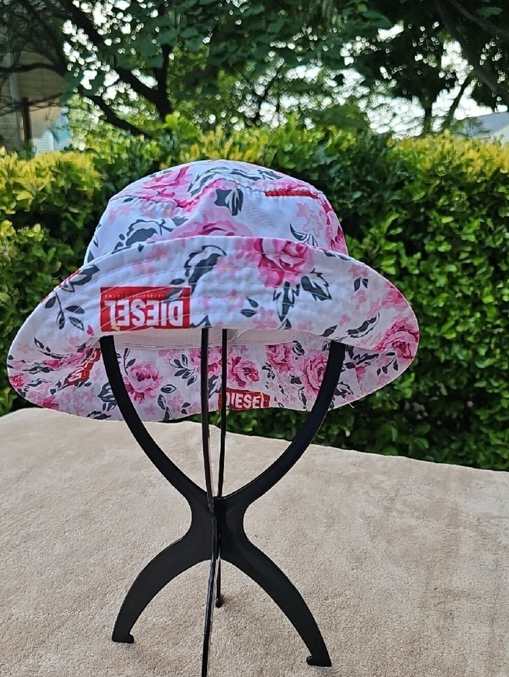 Kids Diesel White Bucket Hat with Pink Floral Print